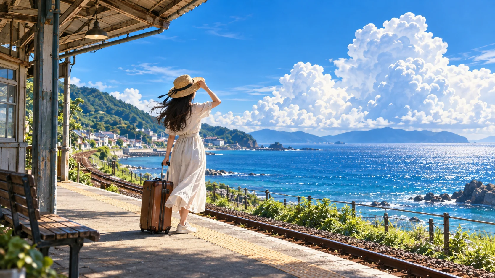 夏の海を望む昔ながらの駅で、旅行鞄を持った女性が海を眺める風景